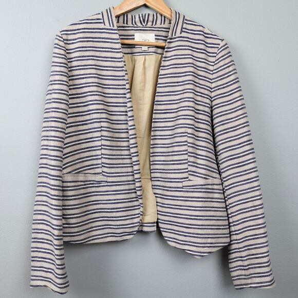 LOFT Linen Blend Striped Blazer Jacket Sz 12 Beige Navy Pleated Peplum Collarles - Picture 1 of 12